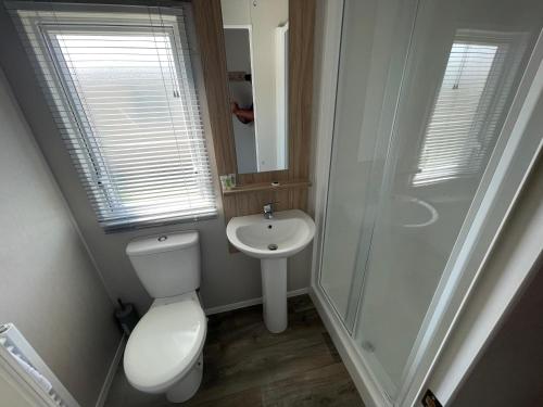 a small bathroom with a toilet and a sink at Marine Holiday Park D & S rental A in Rhyl