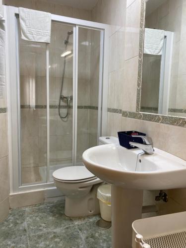 y baño con aseo, lavabo y ducha. en Hostal Andalucia en Nerja
