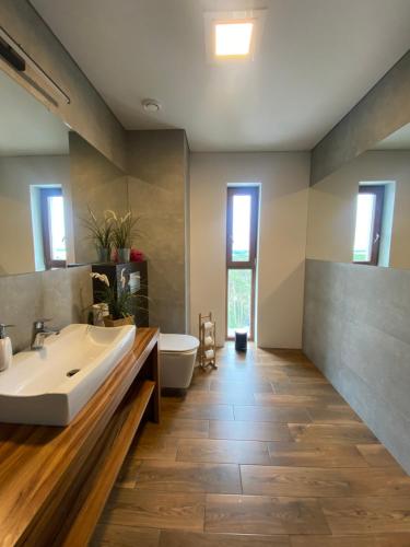een badkamer met een grote witte wastafel en een bad bij Apartamenty z widokiem na morze - przy plaży, SEA View in Dziwnówek