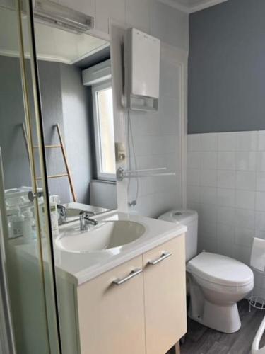 une salle de bain avec un lavabo et des toilettes dans l'établissement Charmant gite, base idéale pour visiter la région, à Quettreville-sur-Sienne