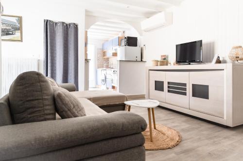 un salon avec un canapé et une télévision dans l'établissement La Teste hypercentre !au calme proche prés-salés, à La Teste-de-Buch