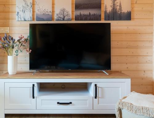 a large television on a white cabinet in a living room at Siedlisko Modrej Czapli. Domki na Kaszubach in Klonowo Dolne