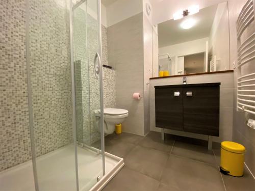 a bathroom with a glass shower and a toilet at BaskoParadis I Apt I Central I Calme I Lumineux I Lit 160 I Terrasse I Jardin in Cambo-les-Bains