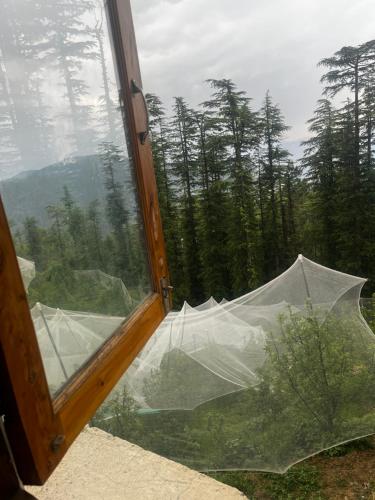 an open window with a view of a forest at Norvin Homes in Shimla