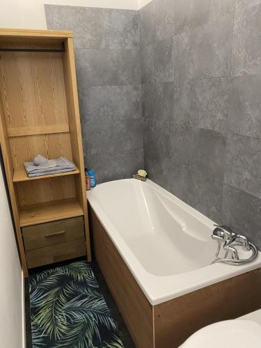 une salle de bain avec une baignoire et un lavabo dans l'établissement La Domus Lemaitre 9 - Parking - TV - Wifi - Belgique, à Bavay