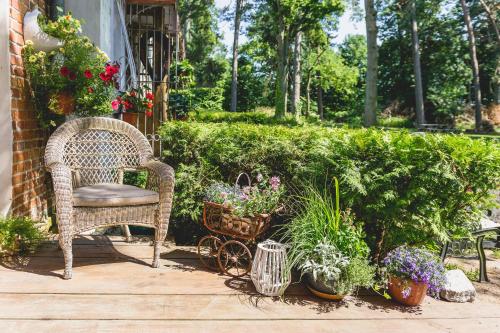 a wicker chair sitting on a porch with plants at Dworek nad Jeziorem Wądzyn in Bobrowo