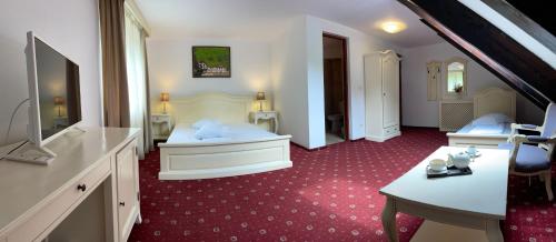 ein Hotelzimmer mit 2 Betten und einem Flachbild-TV in der Unterkunft Pensiunea Poiana Izvoarelor in Vatra Dornei