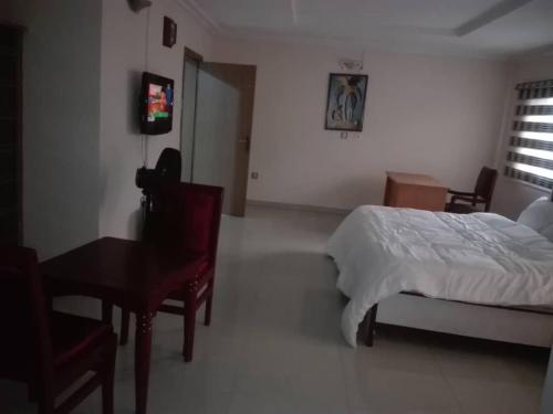 Schlafzimmer mit einem Bett, einem Schreibtisch und einem Stuhl in der Unterkunft Luxury Homes in Port Harcourt