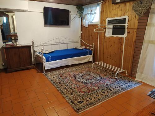 1 dormitorio con cama, alfombra y TV en Al civico 2 Apartment, en Rávena