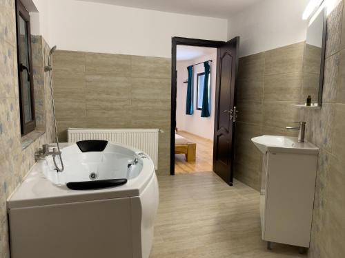 a bathroom with a bath tub and a sink at Pensiunea Poiana Izvoarelor in Vatra Dornei