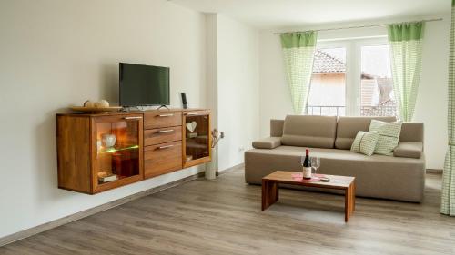 a living room with a couch and a tv at BK Appartement in Balatonfüred