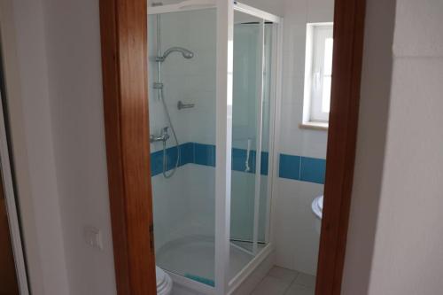 a bathroom with a glass shower with a toilet at Stunning Villa with Pool & View near beach in Budens