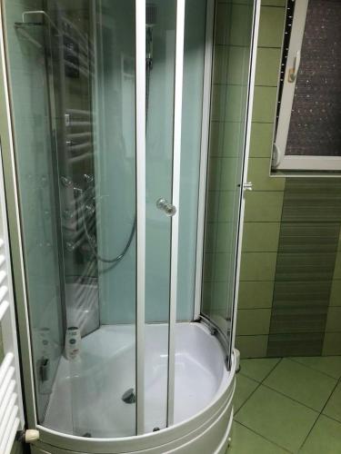 una doccia con porta in vetro in bagno di Bube Apartment a Skopje