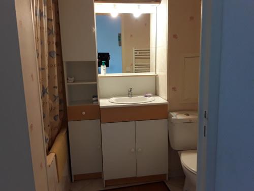 a bathroom with a sink and a toilet and a mirror at ker Mamie in Merville-Franceville-Plage