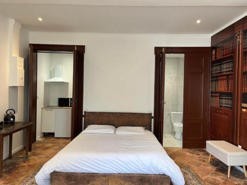 1 dormitorio con 1 cama grande y baño en Dejean Vintage-wifi-centre-ville-Vélo, en Castelnaudary