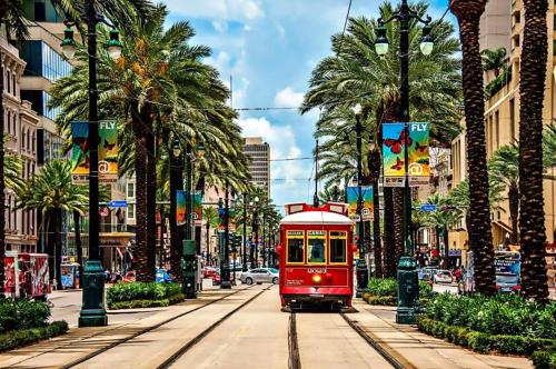een rode tram in een stadsstraat met palmbomen bij City House New Orleans Samesun in New Orleans