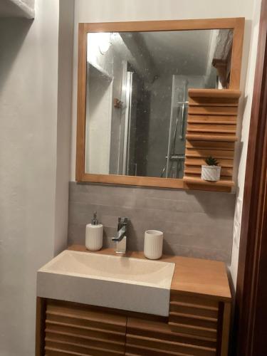 une salle de bain avec un lavabo et un miroir dans l'établissement Appartement plein de charme - Cœur vieille ville, à Annecy