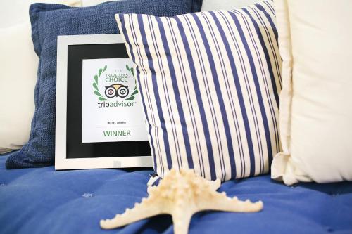 a starfish next to a framed picture and a pillow at Hotel Opera in Larnaca