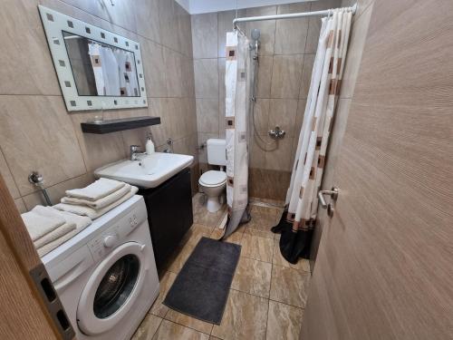 uma casa de banho com uma máquina de lavar roupa e um lavatório em Studio Fiume-Potok em Rijeka