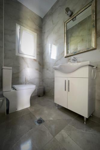a bathroom with a sink and a toilet and a mirror at Zeusplace Pool Villa Olympus Riviera in Litochoro