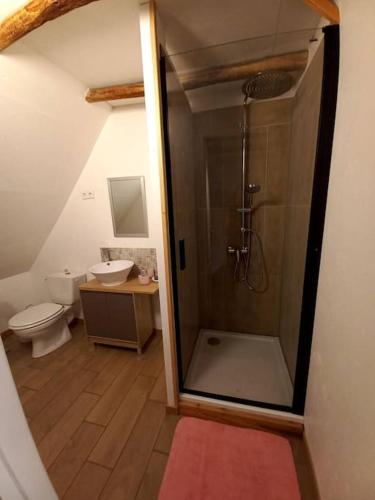 une salle de bain avec douche et toilettes dans l'établissement vue imprenable sur montagne, à Saint-Aventin