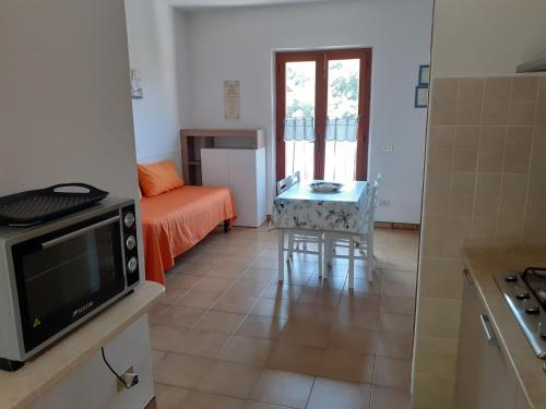 a living room with a bed and a kitchen with a tv at Graziosa Villetta di Naregno a 400 mt dal mare, bel giardino, posto auto e aria condizionata in Capoliveri