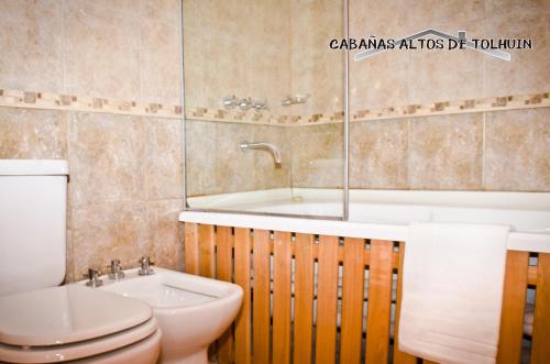 a bathroom with a toilet and a tub and a sink at Altos de Tolhuin in Tolhuin