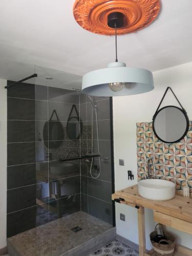 een badkamer met een douche, een wastafel en een spiegel bij So Home in Saint-Pantaléon-les-Vignes