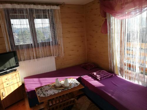 mały pokój z purpurowym stołem i telewizorem w obiekcie Adelka-dom przy stoku w mieście Krynica Zdrój
