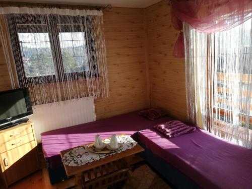 a small room with a purple table and a tv at Adelka-dom przy stoku in Krynica Zdrój