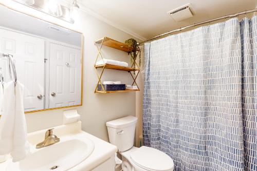 un bagno con doccia, WC e lavandino di Driftwood Villa - 261 Palmetto Perch a Edisto Island
