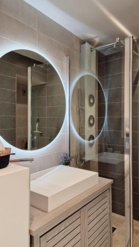 une salle de bain avec un lavabo et un miroir dans l'établissement Aux portes de Paris / Studio Bord de Marne, à Bry-sur-Marne