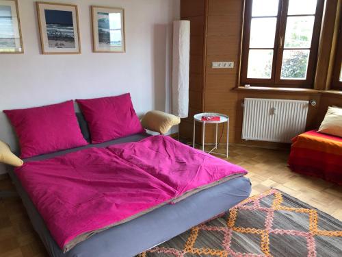 a bedroom with a bed with a pink blanket on it at Ferienwohnung am Donauradwanderweg in Riedlingen