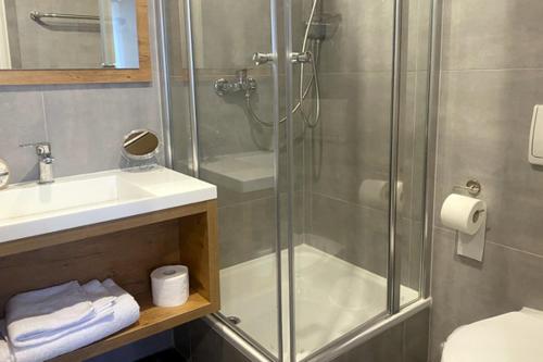 a bathroom with a shower and a sink and a toilet at Spreehotel Spremberg in Spremberg