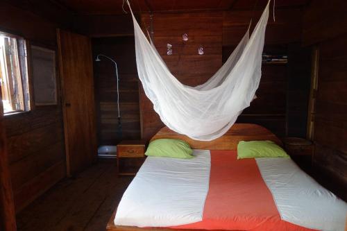 a bed with a net hanging over it in a room at Robinson's Hut in Bure Town