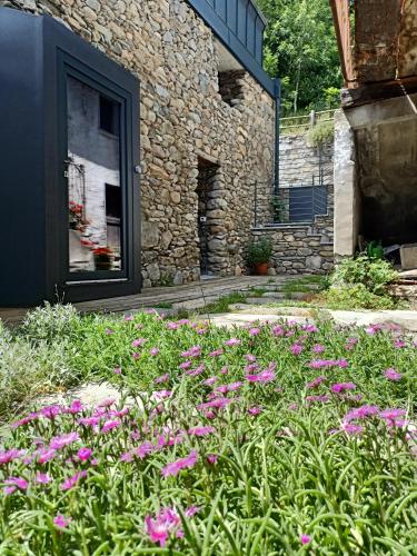 a garden with pink flowers in front of a building at V&V RentRoom Design in Gignod
