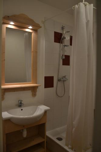 une salle de bain avec un lavabo et une douche avec un miroir dans l'établissement Les Gentianes 1800, à Puy-Saint-Vincent
