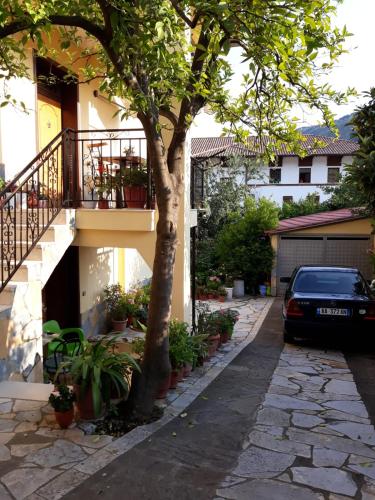 a car parked in front of a house with a tree at Villa Garden in Berat