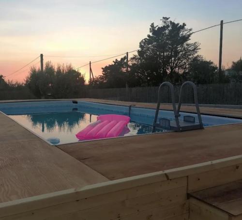 a swimming pool with pink inflatables in the water at IL GUFO DELLA MARZA in Ispica