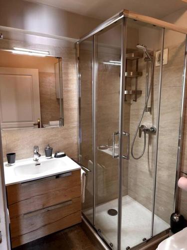 une salle de bain avec douche et lavabo dans l'établissement 2P - terrasse - parking - plage, à Menton