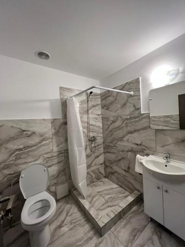 a bathroom with a toilet and a sink at CASA ANDREI in Cîrţişoara