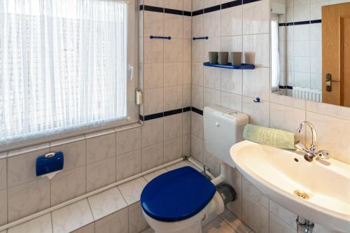uma casa de banho com um WC azul e um lavatório. em Spatzenhorst em Dornumersiel