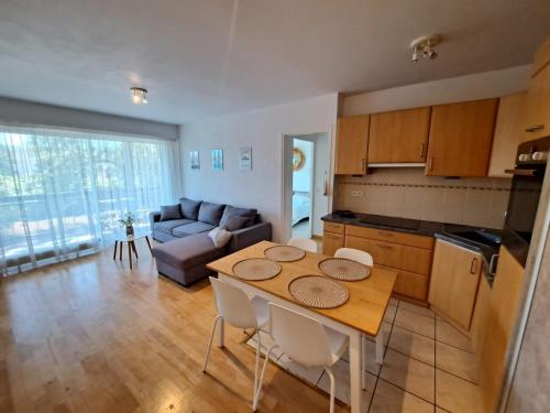 uma cozinha e sala de estar com uma mesa e um sofá em Le Duc de Savoie Thonon em Thonon-les-Bains