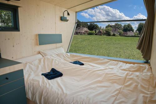 a bed in a tiny house with blue pillows on it at Sleep Space 01 - Green Tiny Spot Geltinger Bucht in Steinbergkirche