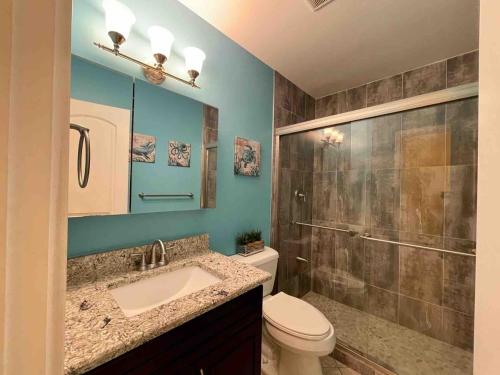 a bathroom with a toilet and a sink and a shower at Couples Getaway 1bed 1bath Condo In Red Hook in St Thomas