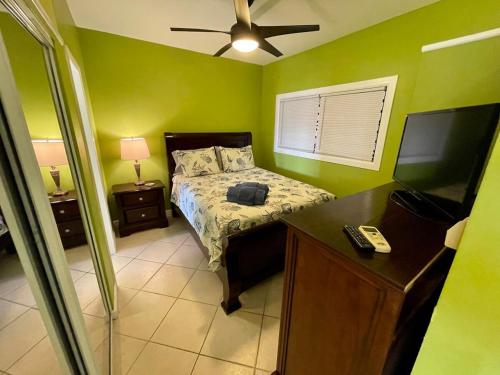 a bedroom with green walls and a bed and a desk at Amazing View 1 Bed1 Bath Villa On Red Hook Strip in Nazareth