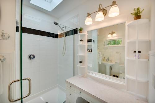 a bathroom with a shower and a sink at Mobjack Bay Rental on Private Cove! in Onemo