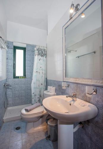 a bathroom with a sink and a toilet and a mirror at Villa Κτήμα Νικόλα in Likórrevma