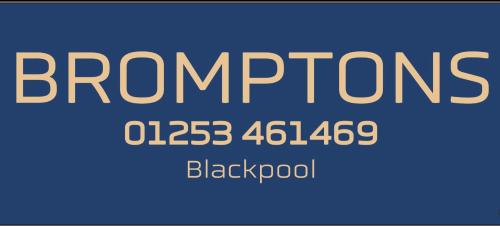 a sign with the text bronons on a blue background at Bromptons in Blackpool