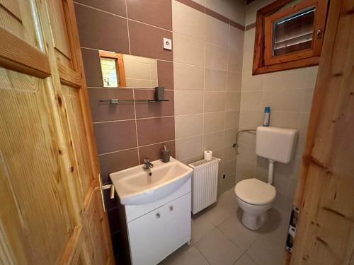 a small bathroom with a sink and a toilet at Virág Apartman in Felsőtárkány